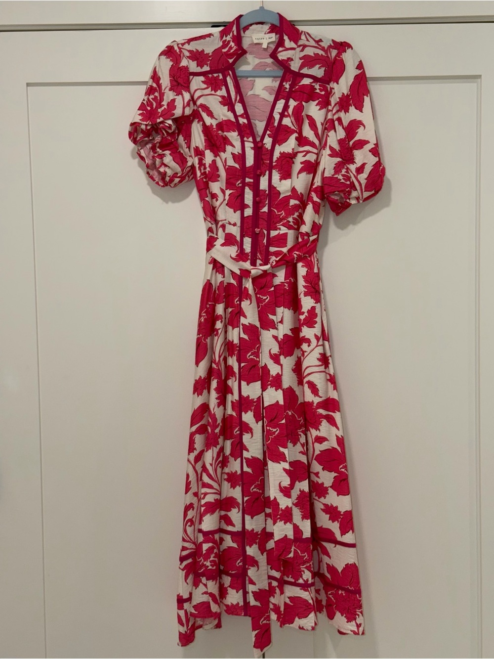 Entro Pink & White Floral Midi Dress Puff Sleeve Belted Cottagecore Large
